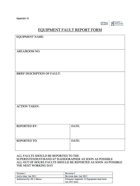 equipment fault report example